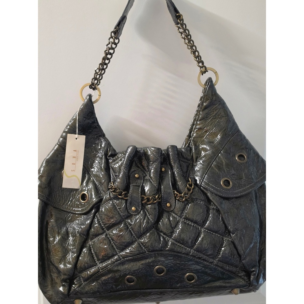 Soha Designs Studio Italy Leather Quilted Hobo Bag Olive Green Chain Grommet NEW